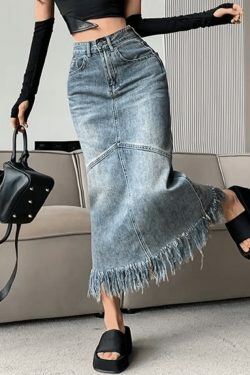 Vintage Denim Skirt with Fringed Detail - Y2K Fashion Statement for Women