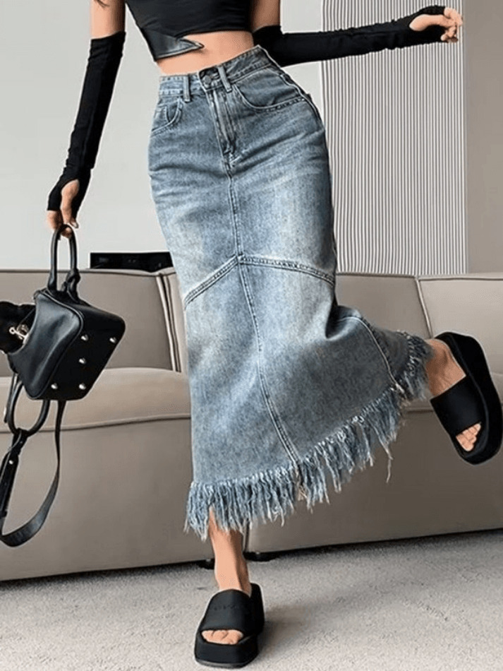 Vintage Denim Skirt with Fringed Detail - Y2K Fashion Statement for Women Vintage Denim Skirt with Fringed Detail - Y2K Fashion Statement for Women