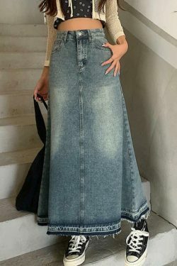 Vintage Distressed Frayed Hem A-Line Cargo Skirt for Y2K Fashion Enthusiasts