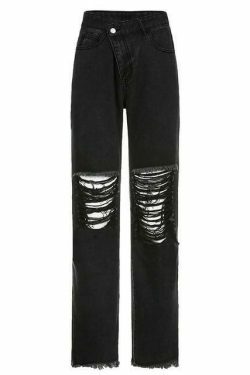 Vintage Distressed High Waisted Jeans - Y2K Fashion with Grunge Aesthetic and Coquette Style