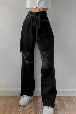 Vintage Distressed High Waisted Jeans - Y2K Fashion with Grunge Aesthetic and Coquette Style
