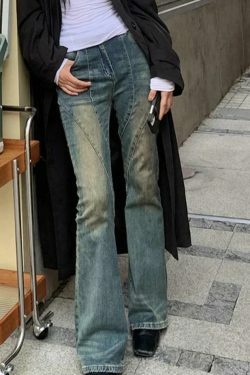 Vintage Distressed Splice Flare Jeans - Y2K Fashion Aesthetic Women's Denim Pants