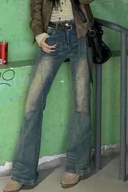 Vintage Distressed Splice Flare Jeans - Y2K Fashion Aesthetic Women's Denim Pants