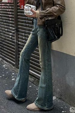 Vintage Distressed Splice Flare Jeans - Y2K Fashion Aesthetic Women's Denim Pants
