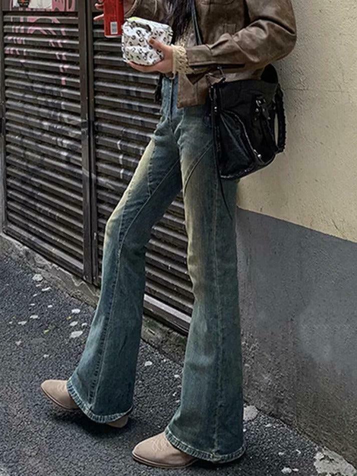 Vintage Distressed Splice Flare Jeans - Y2K Fashion Aesthetic Women's Denim Pants