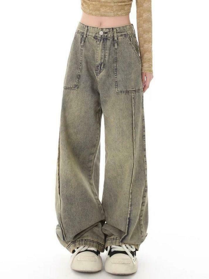 Vintage Distressed Wash Splice Boyfriend Jeans - Y2K Fashion Aesthetic Women's Denim Vintage Distressed Wash Splice Boyfriend Jeans - Y2K Fashion Aesthetic Women's Denim