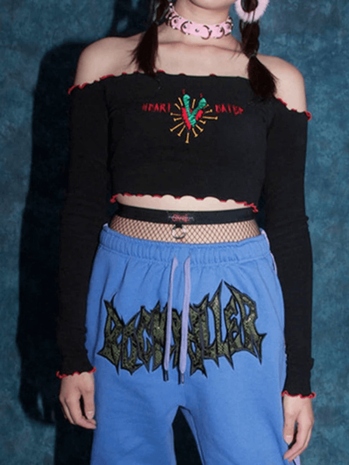 Vintage Embroidery Fungus Off Shoulder Long Sleeve Top