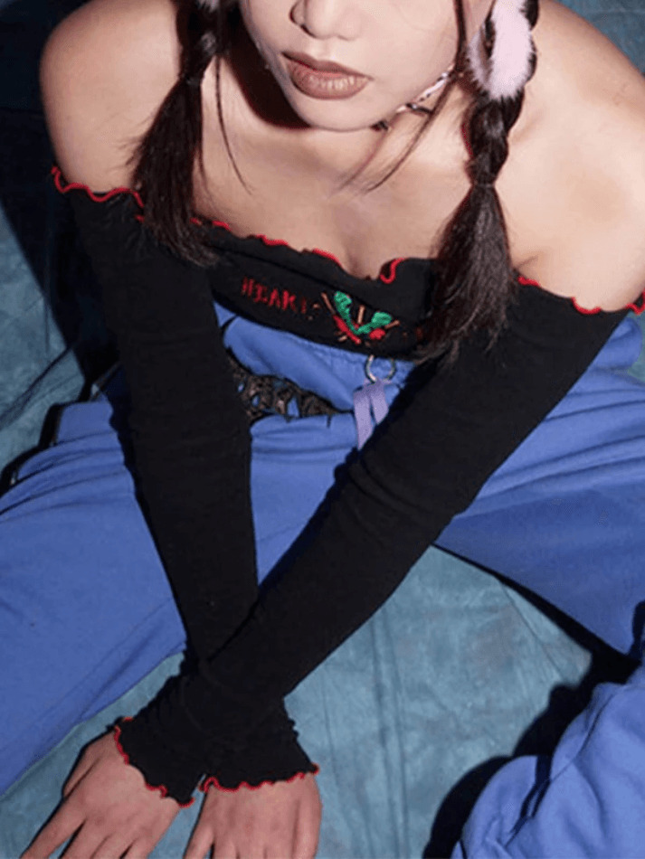 Vintage Embroidery Fungus Off Shoulder Long Sleeve Top