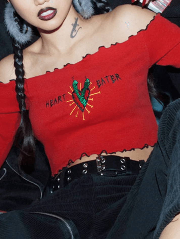 Vintage Embroidery Fungus Off Shoulder Long Sleeve Top