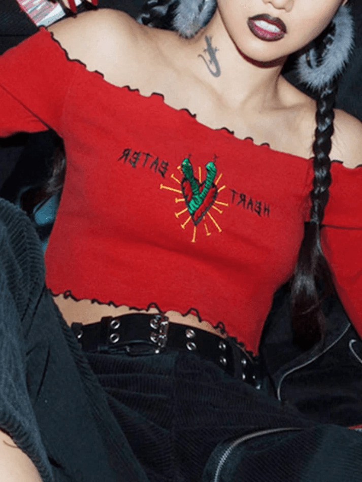 Vintage Embroidery Fungus Off Shoulder Long Sleeve Top