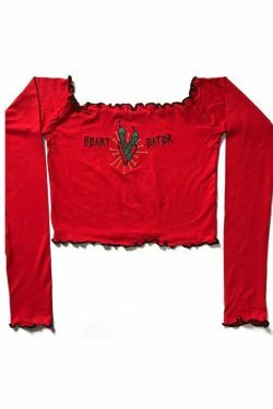 Vintage Embroidery Fungus Off Shoulder Long Sleeve Top