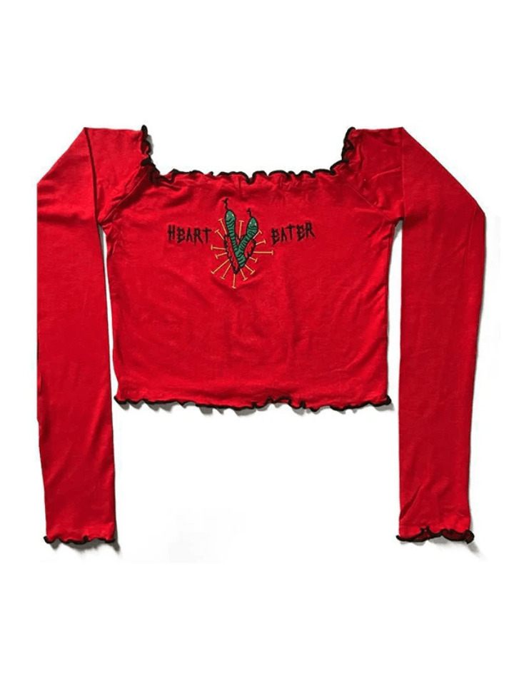 Vintage Embroidery Fungus Off Shoulder Long Sleeve Top