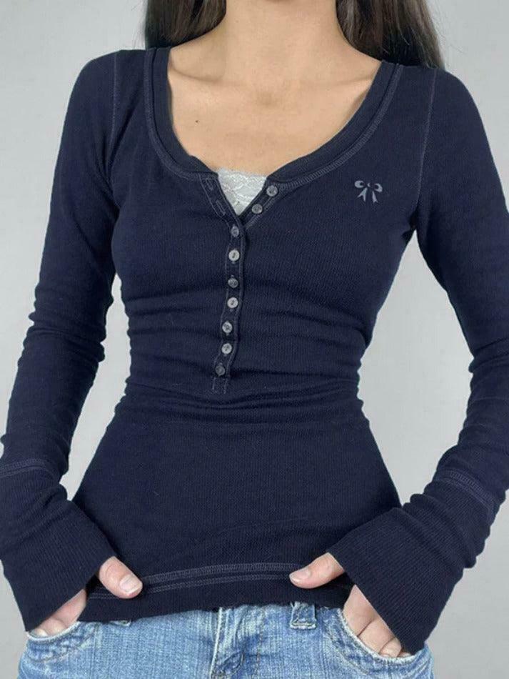 Vintage Embroidery Long Sleeve Tee - Y2K Aesthetic with Coquette & Grunge Vibes Vintage Embroidery Long Sleeve Tee - Y2K Aesthetic with Coquette & Grunge Vibes