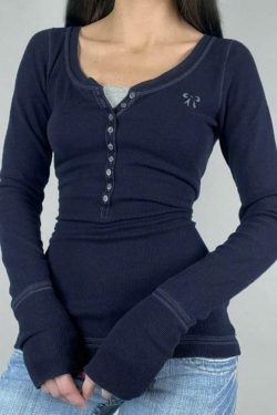 Vintage Embroidery Long Sleeve Tee - Y2K Aesthetic with Coquette & Grunge Vibes