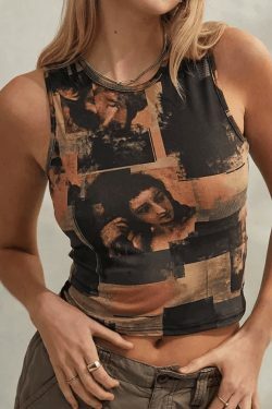 Vintage Face Print Tank Top - Y2K Fashion Aesthetic Sleeveless Shirt for Women