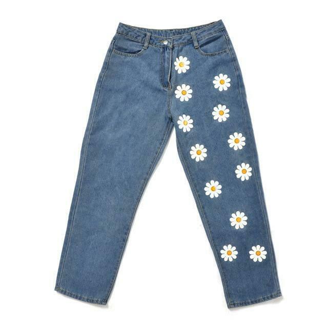 Vintage Floral Denim Jeans - Y2K Aesthetic Fashion for Women - Coquette Style Grunge Outfits