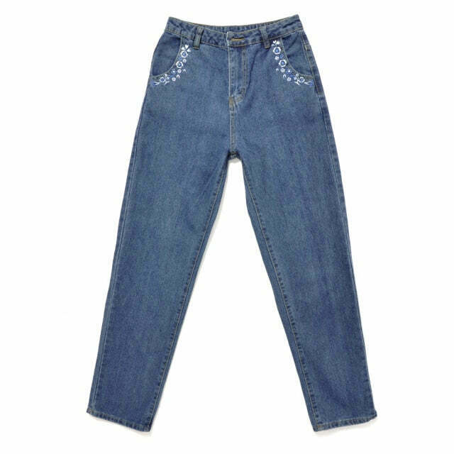 Vintage Floral Embroidered Mom Jeans - Y2K Fashion Aesthetic with Coquette Style and Grunge Vibes
