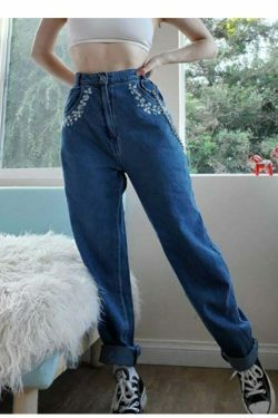 Vintage Floral Embroidered Mom Jeans - Y2K Fashion Aesthetic with Coquette Style and Grunge Vibes