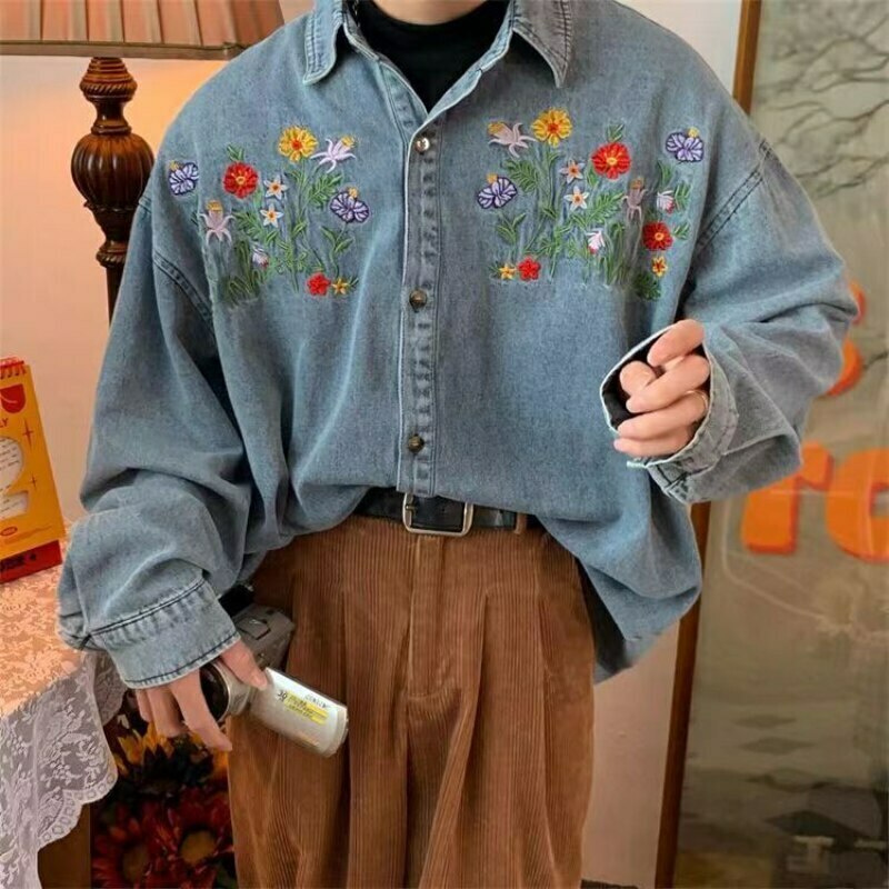Vintage Floral Embroidery Denim Shirt - Y2K Aesthetic Unisex Fashion Piece