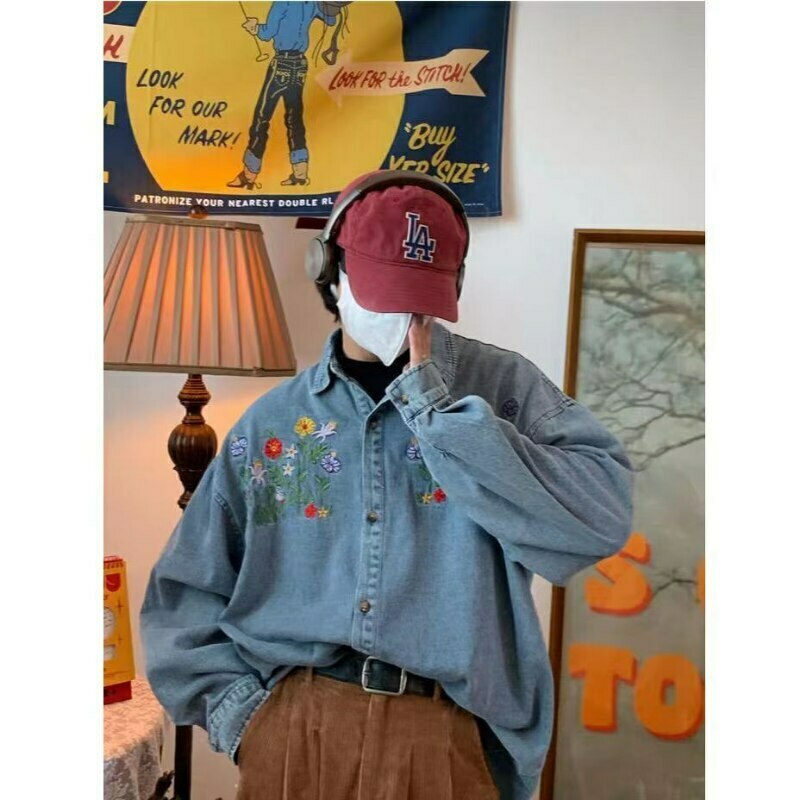 Vintage Floral Embroidery Denim Shirt - Y2K Aesthetic Unisex Fashion Piece