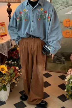 Vintage Floral Embroidery Denim Shirt - Y2K Aesthetic Unisex Fashion Piece