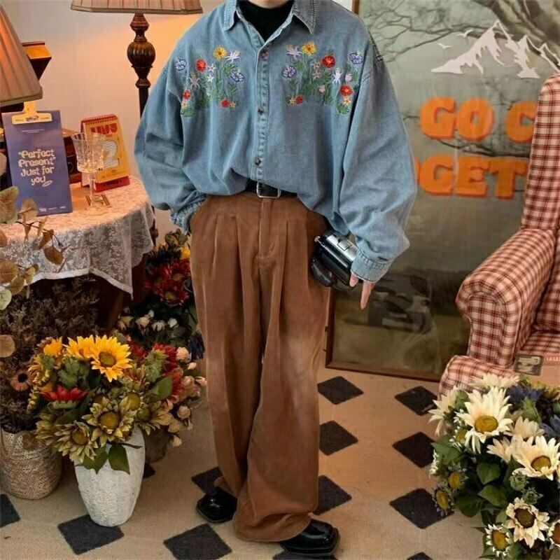 Vintage Floral Embroidery Denim Shirt - Y2K Aesthetic Unisex Fashion Piece