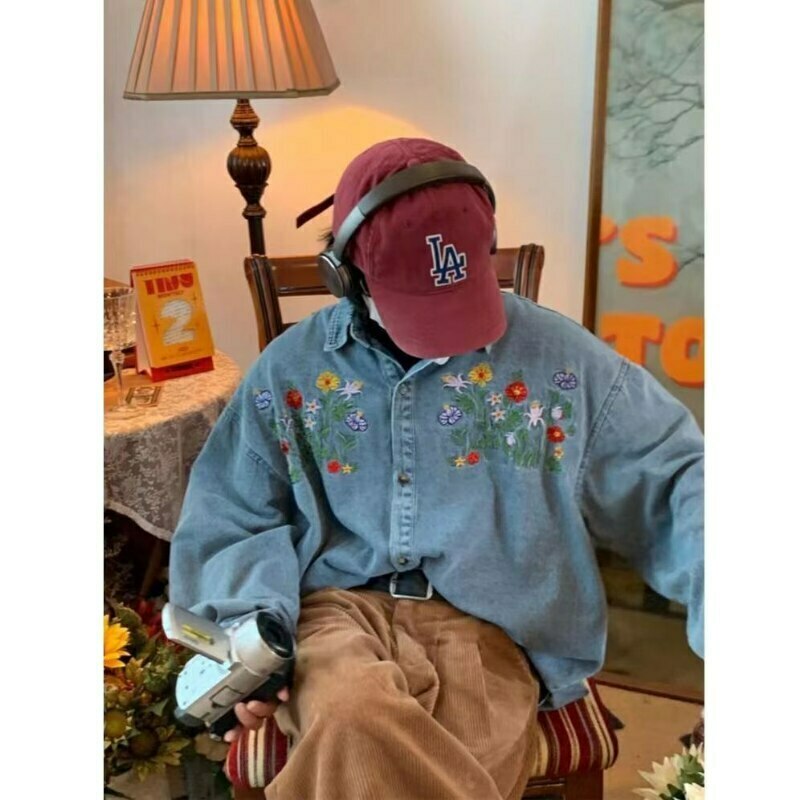 Vintage Floral Embroidery Denim Shirt - Y2K Aesthetic Unisex Fashion Piece