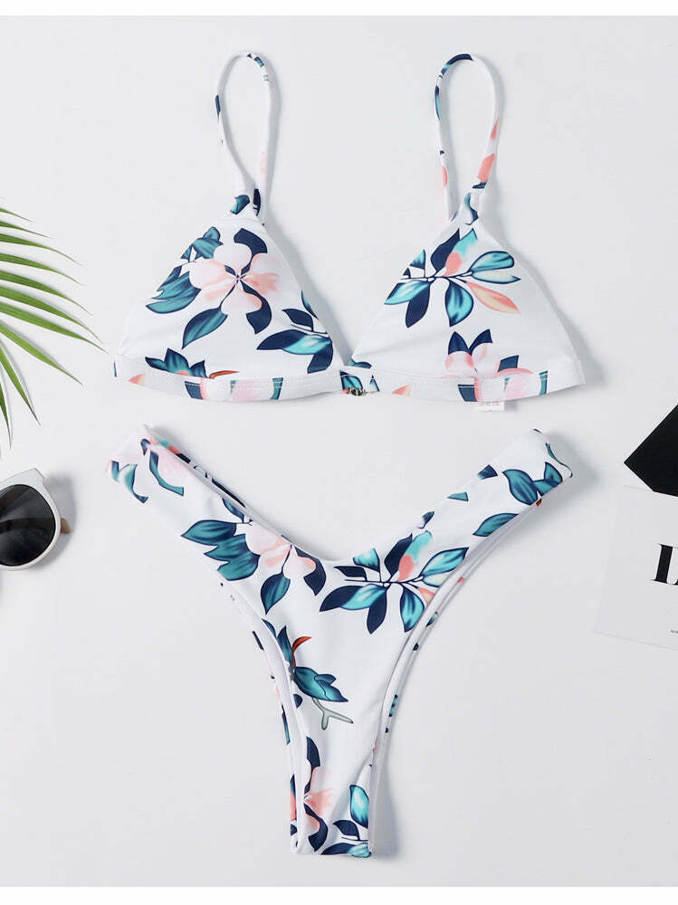 Vintage Floral High Leg Bikini Set - Y2K Fashion Swimwear for Women
