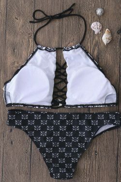 Vintage Floral High Neck Halter Bikini Set - Y2K Fashion Retro Print, Wireless Split Design