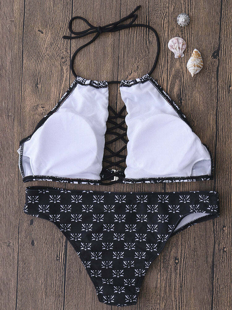 Vintage Floral High Neck Halter Bikini Set - Y2K Fashion Retro Print, Wireless Split Design Vintage Floral High Neck Halter Bikini Set - Y2K Fashion Retro Print, Wireless Split Design