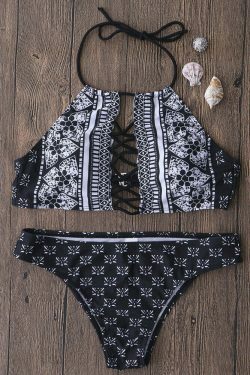 Vintage Floral High Neck Halter Bikini Set - Y2K Fashion Retro Print, Wireless Split Design
