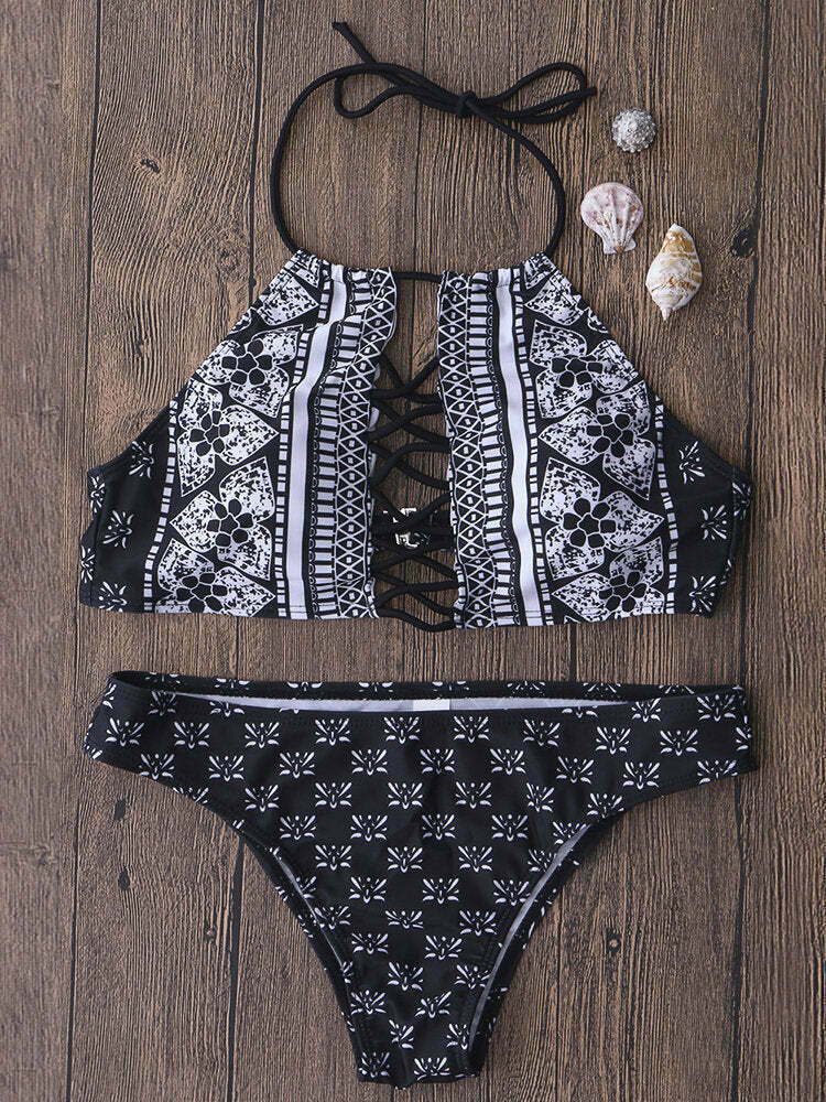 Vintage Floral High Neck Halter Bikini Set - Y2K Fashion Retro Print, Wireless Split Design Vintage Floral High Neck Halter Bikini Set - Y2K Fashion Retro Print, Wireless Split Design