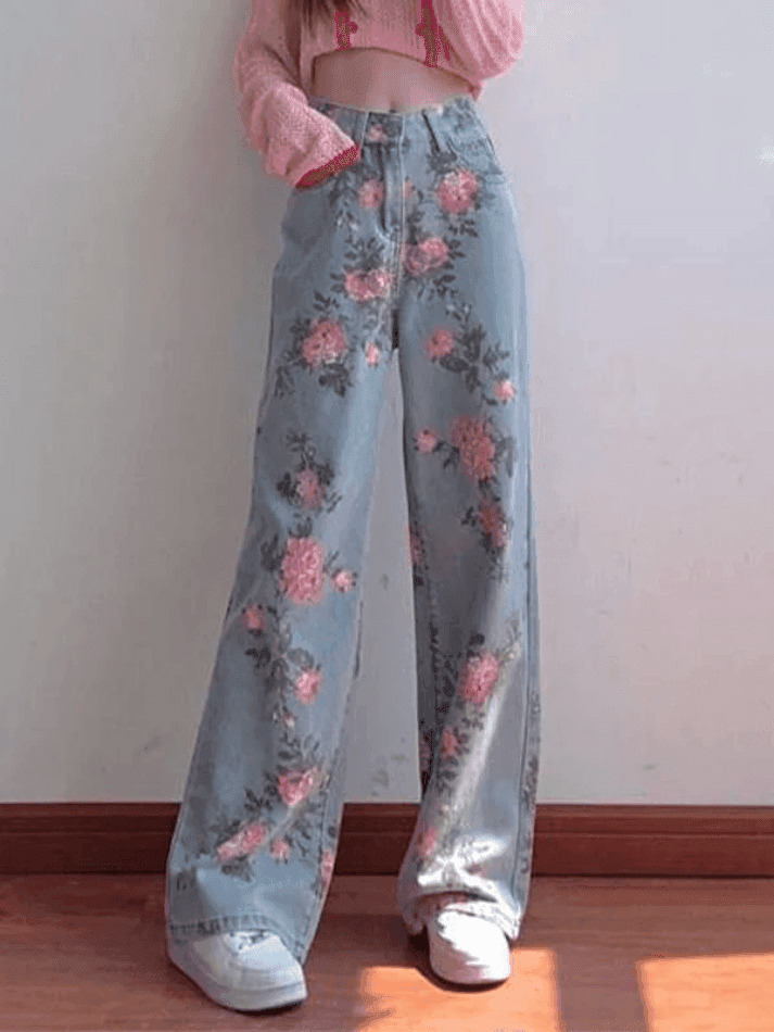 Vintage Floral High Rise Boyfriend Jeans - Y2K Fashion Aesthetic for Women