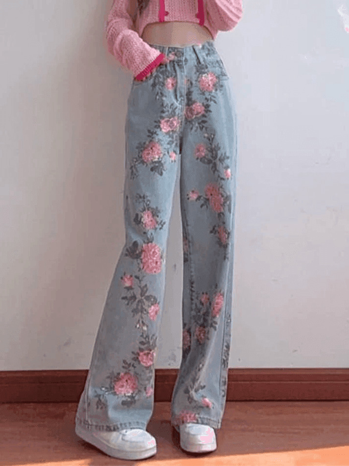 Vintage Floral High Rise Boyfriend Jeans - Y2K Fashion Aesthetic for Women