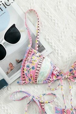Vintage Floral Lace-Up Bikini Set - Y2K Fashion Swimwear for Women