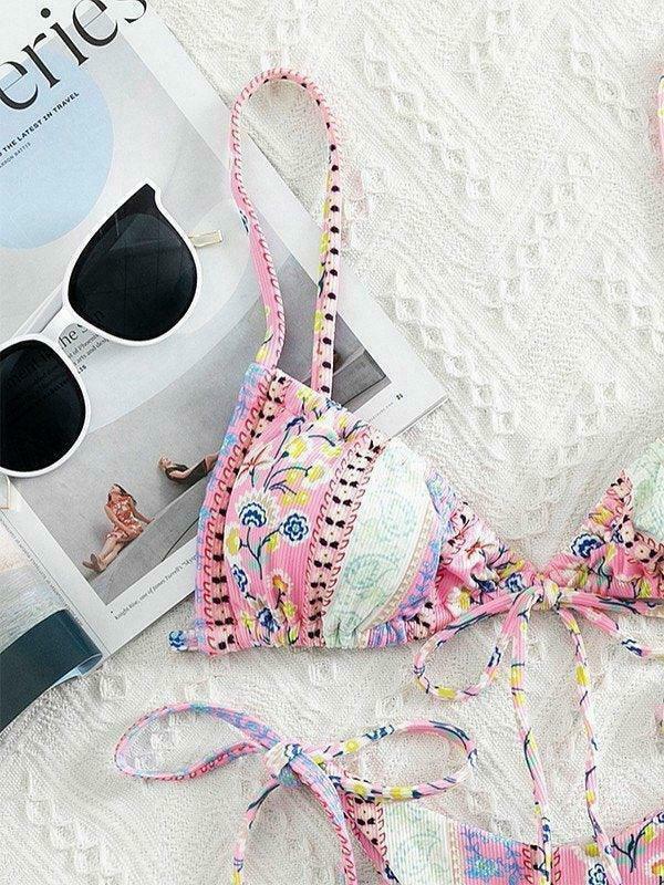 Vintage Floral Lace-Up Bikini Set - Y2K Fashion Swimwear for Women