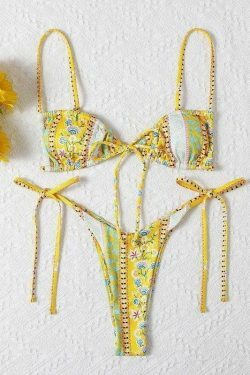 Vintage Floral Lace-Up Bikini Set - Y2K Fashion Swimwear for Women