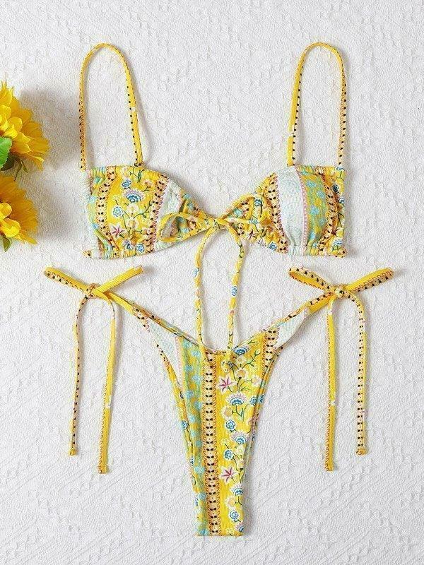 Vintage Floral Lace-Up Bikini Set - Y2K Fashion Swimwear for Women