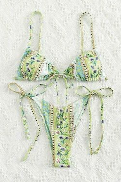 Vintage Floral Lace-Up Bikini Set - Y2K Fashion Swimwear for Women
