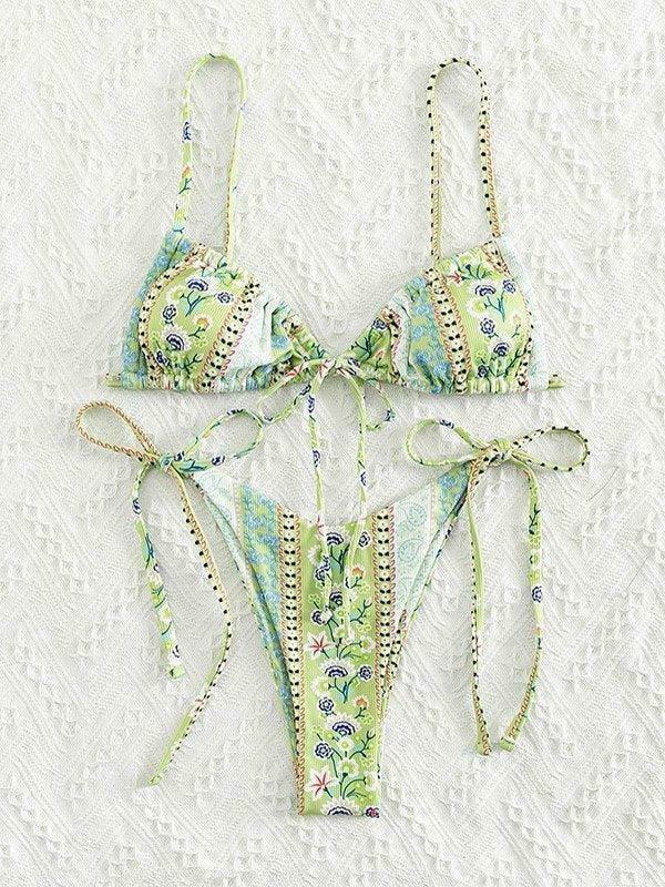 Vintage Floral Lace-Up Bikini Set - Y2K Fashion Swimwear for Women