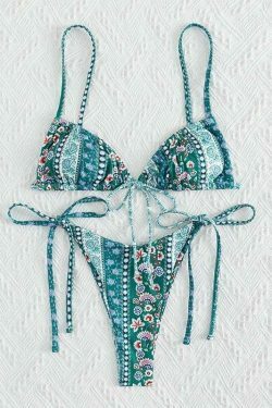 Vintage Floral Lace-Up Bikini Set - Y2K Fashion Swimwear for Women