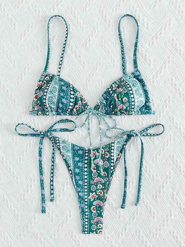Vintage Floral Lace-Up Bikini Set - Y2K Fashion Swimwear for Women