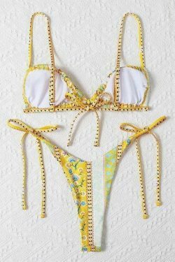 Vintage Floral Lace-Up Bikini Set - Y2K Fashion Swimwear for Women