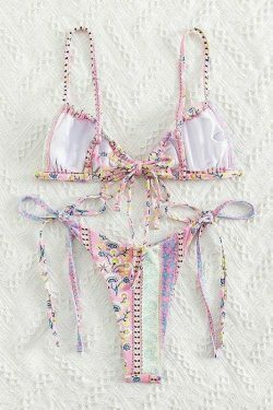 Vintage Floral Lace-Up Bikini Set - Y2K Fashion Swimwear for Women