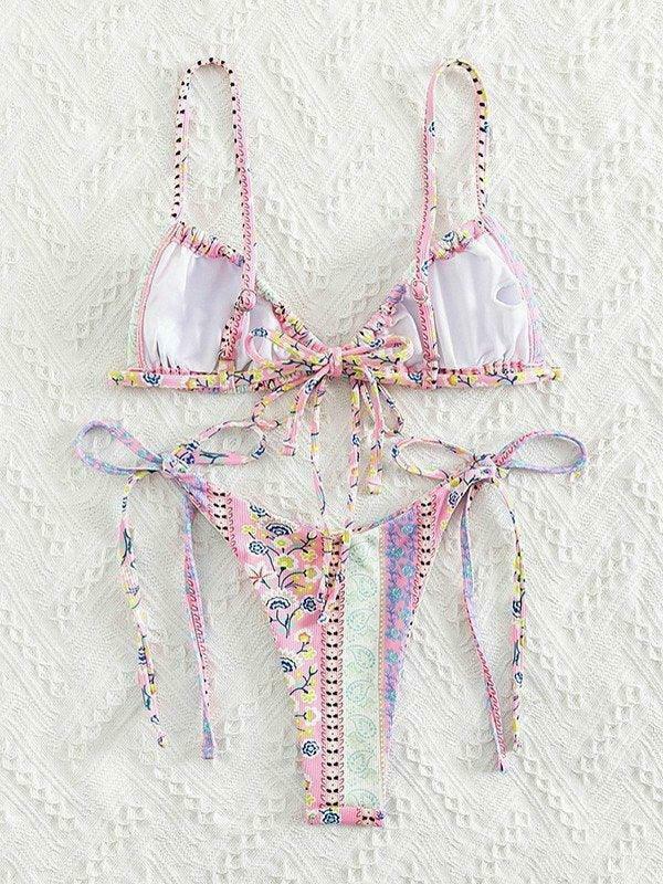 Vintage Floral Lace-Up Bikini Set - Y2K Fashion Swimwear for Women