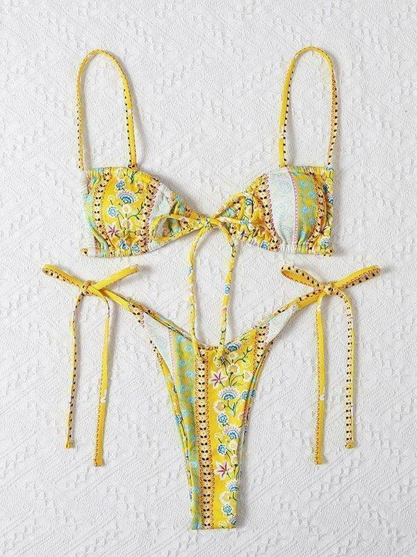 Vintage Floral Lace-Up Bikini Set - Y2K Fashion Swimwear for Women