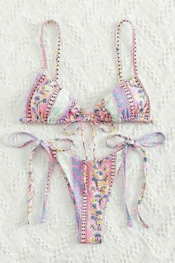 Vintage Floral Lace-Up Bikini Set - Y2K Fashion Swimwear for Women