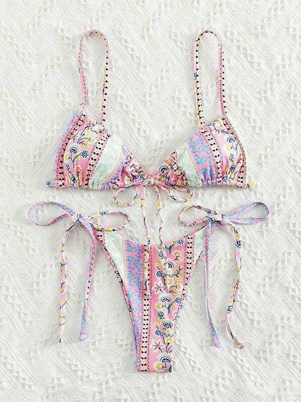 Vintage Floral Lace-Up Bikini Set - Y2K Fashion Swimwear for Women