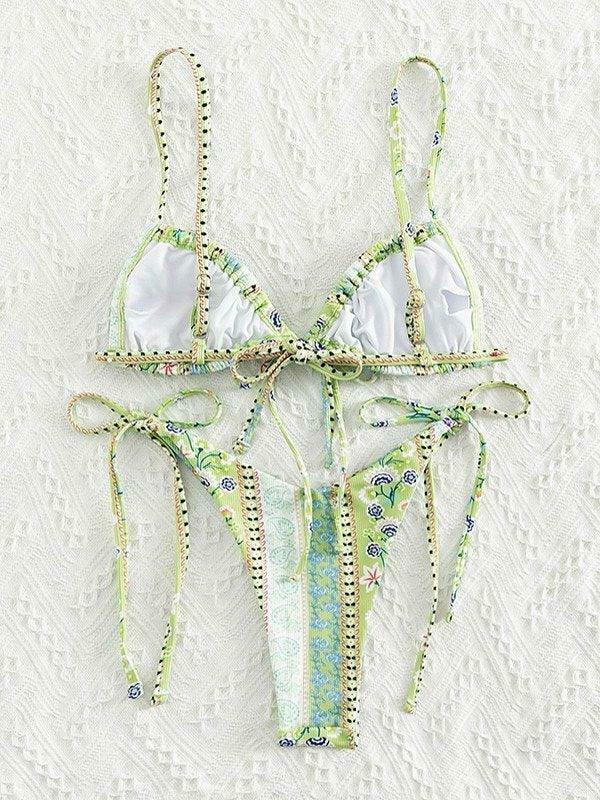 Vintage Floral Lace-Up Bikini Set - Y2K Fashion Swimwear for Women