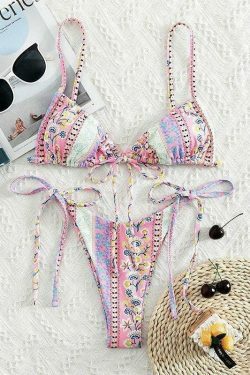 Vintage Floral Lace-Up Bikini Set - Y2K Fashion Swimwear for Women